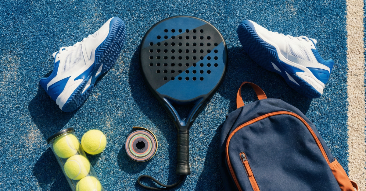 Equipamiento de pádel para principiantes, sobre cancha de pádel