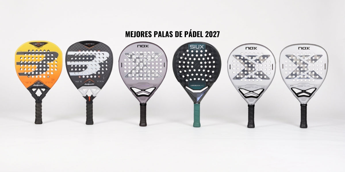 Mejores palas de pádel 2027: seis palas nuevas de Bullpadel, Siux y Nox alineadas sobre fondo blanco