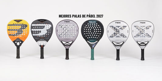 Mejores palas de pádel 2027: seis palas nuevas de Bullpadel, Siux y Nox alineadas sobre fondo blanco
