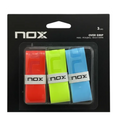 Load the image into the gallery view, Paquete de tres overgrips marca Nox Pro en colores flúor brillantes como verde, amarillo y rosa.
