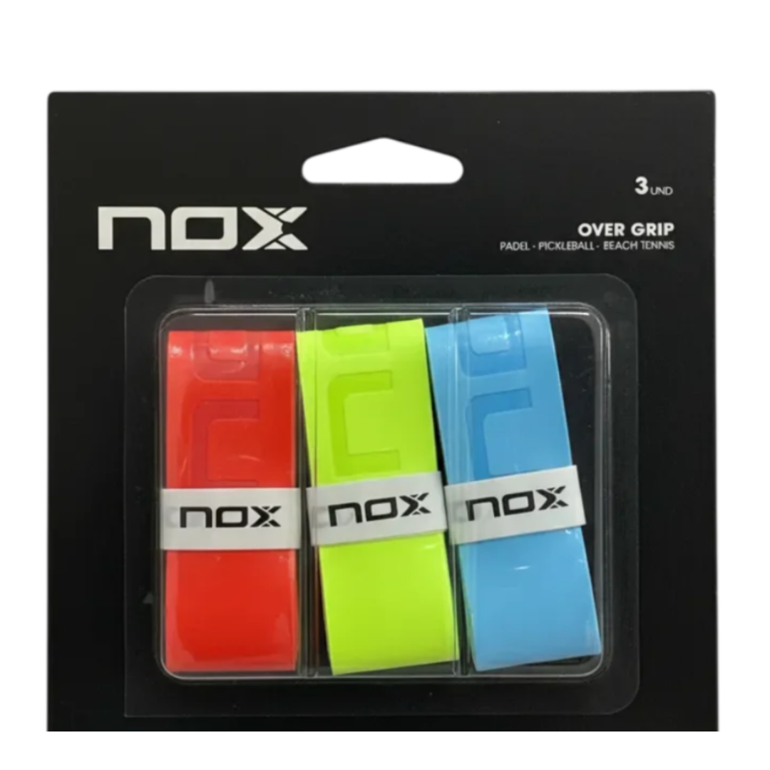 Paquete de tres overgrips marca Nox Pro en colores flúor brillantes como verde, amarillo y rosa.