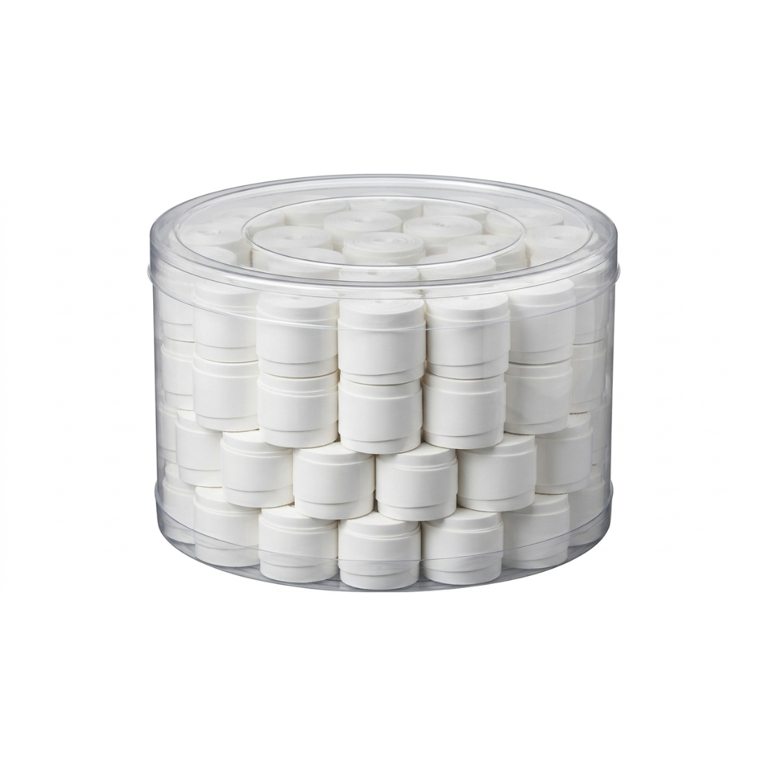 Bote transparente surtido con 60 piezas de overgrips profesionales lisos para pádel en color blanco.