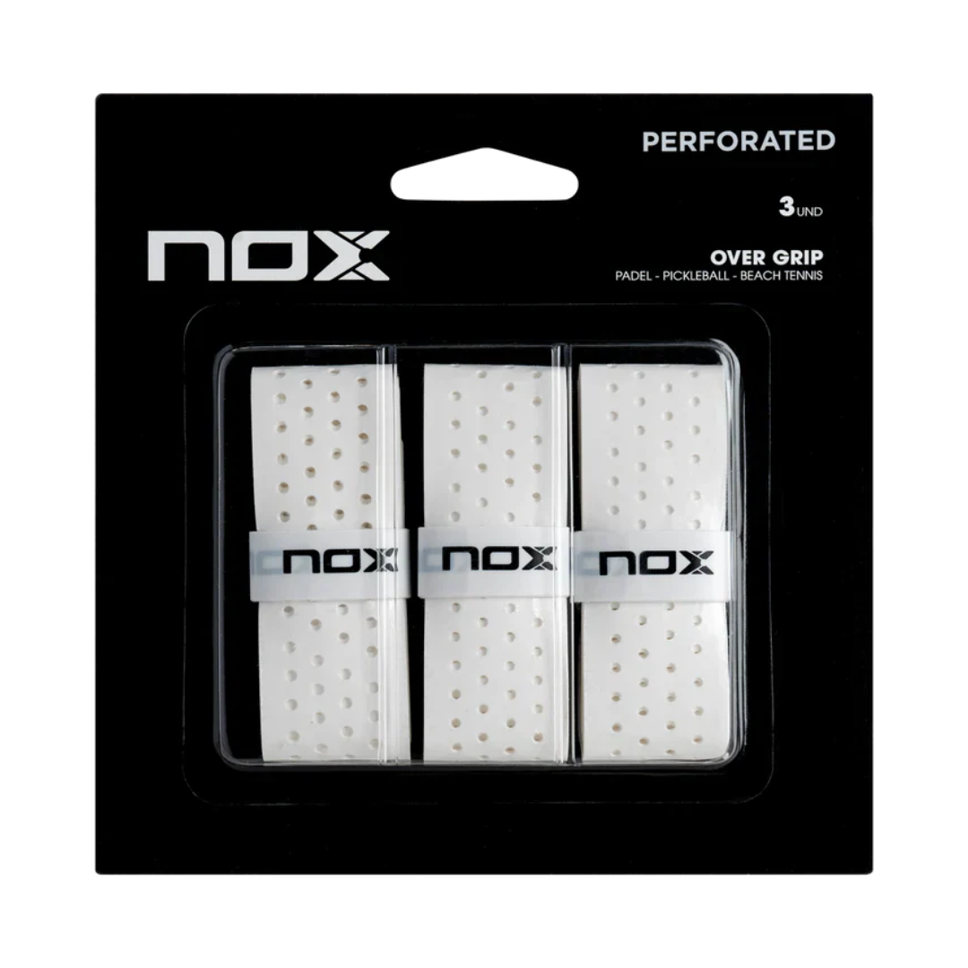 Empaque original de la marca Nox con tres overgrips perforados en color blanco para empuñadura de pádel.