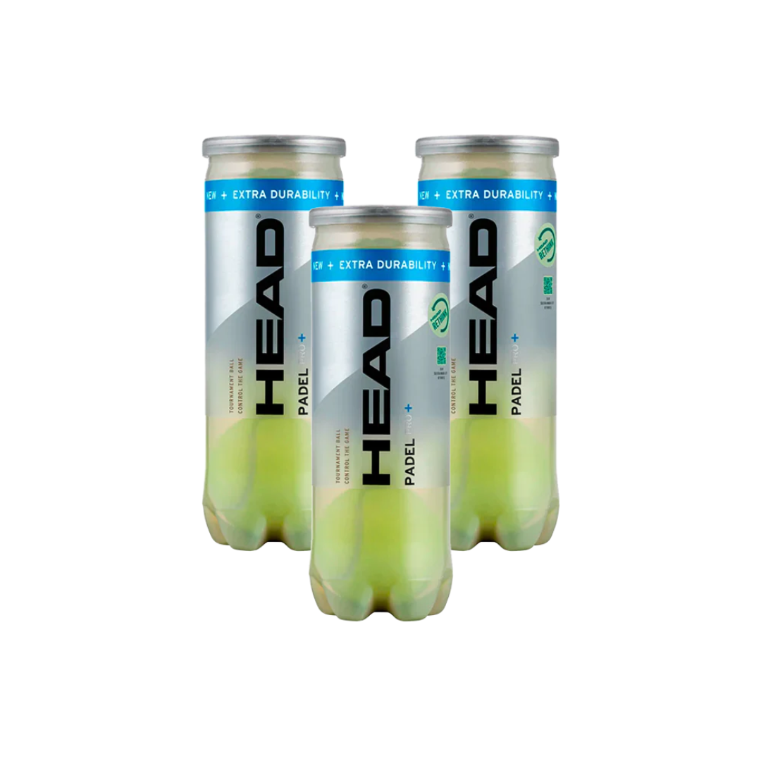 Tres botes de pelotas de pádel presurizados Head Padel Pro+ 2025 agrupados para venta en paquete.