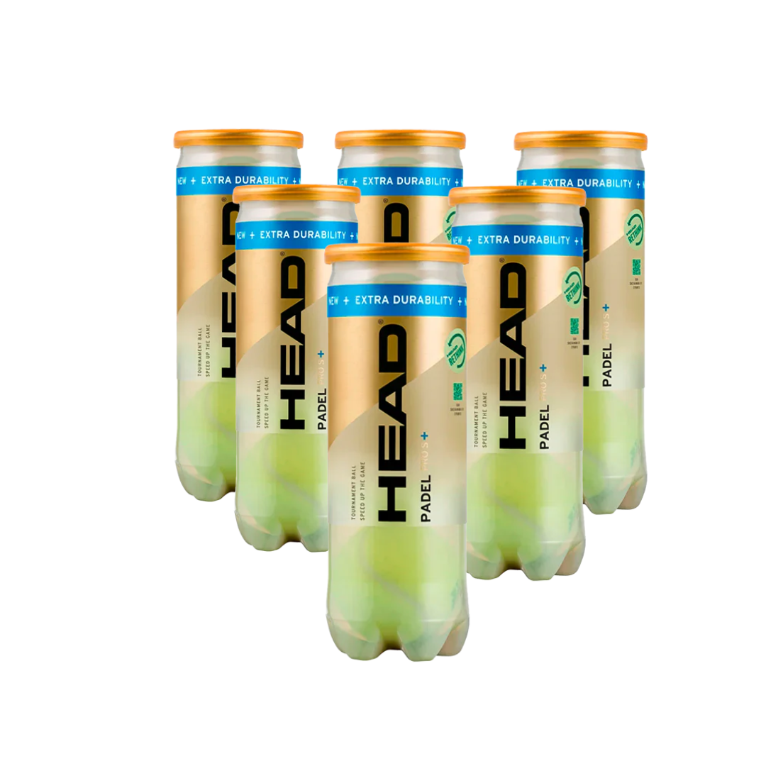 Seis tubos presurizados de pelotas de pádel de alta velocidad Head Padel Pro S+ distribuidos juntos.
