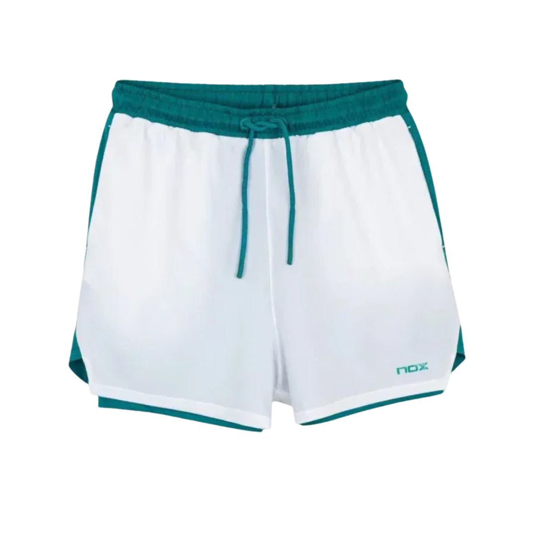 Short de pádel Nox Pro Blanco con vivos Verde Hiedra- Ropa técnica transpirable para torneos. 