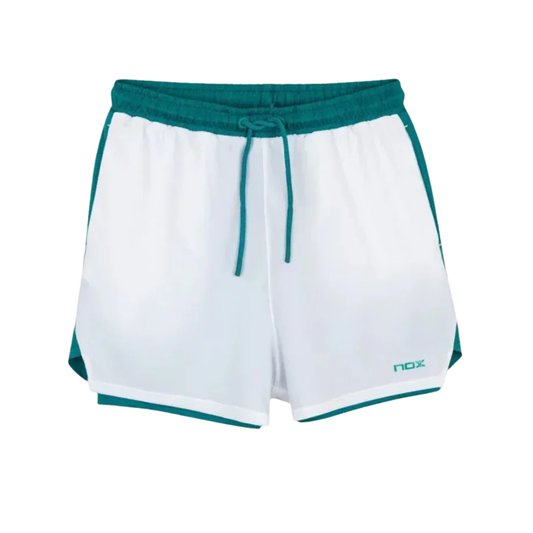 Short de pádel Nox Pro Blanco con vivos Verde Hiedra- Ropa técnica transpirable para torneos. 