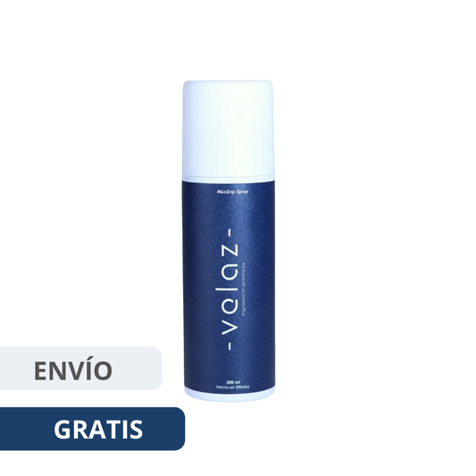 Spray potenciador de agarre para mango de pádel marca Velaz línea MaxGrip en envase cilíndrico color azul.