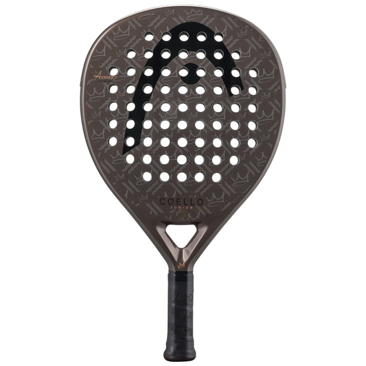 Pala de pádel Head Arturo Coello Junior 2026 en colores negro y gris con detalles en amarillo flúor. Diseño de lagrima oversize para niños, ligera y con protector integrado para máxima durabilidad en la pista. 