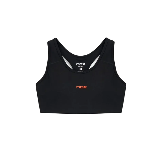 Top de pádel Nox Negro Mujer 2026 con tirantes cruzados en la espalda. Diseño ergonómico en color negro solido, fabricado en tejido técnico elástico que ofrece sujeción firme y alta transpirabilidad para el juego intenso. 