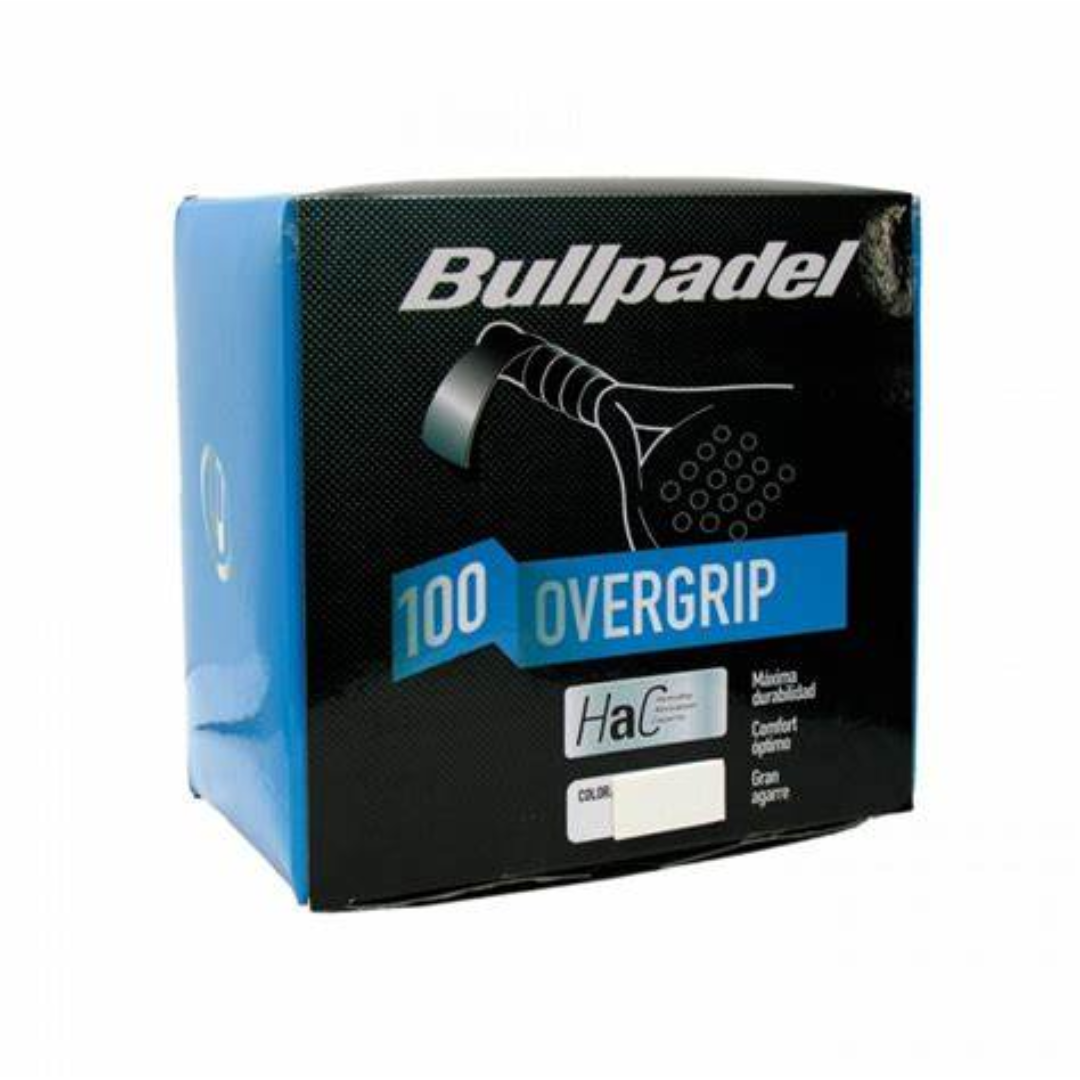 Caja grande institucional marca Bullpadel que contiene 100 unidades de overgrips blancos de alta calidad.