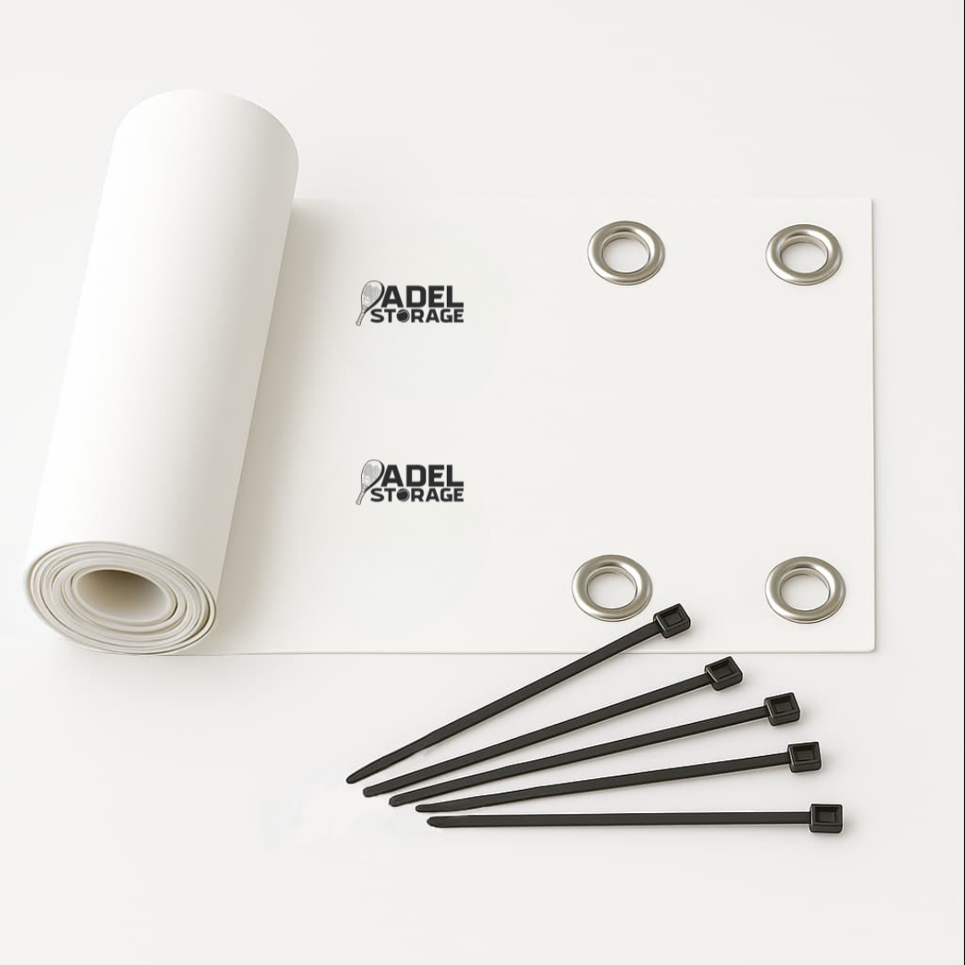 Cubre cinta de red personalizada lona blanca con ojillos y cinchos para cancha de padel. 