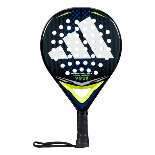 Pala de pádel Adidas Arrow Hit Junior 2026 en color negro con detalles en azul y amarillo flúor. Molde de lagrima muy ligero y manejable adaptado para niños y jóvenes en etapa de aprendizaje. 