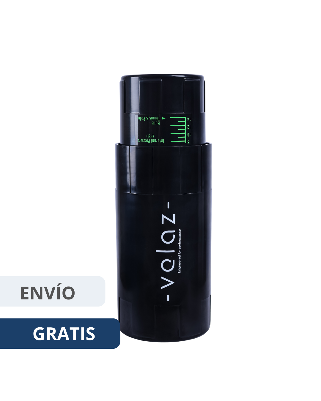 Presurizador de pelotas de pádel Velaz en color negro con medidor de presión PSI en verde. Accesorio técnico para mantener el rebote y la vida útil de las pelotas de pádel. Incluye envió gratis. Disponible en Padel Storage Mexico 