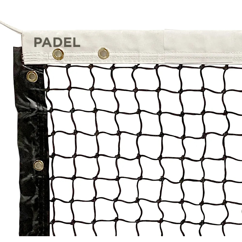 Red profesional para cancha de padel con franja blanca y ojaes de acero. 
