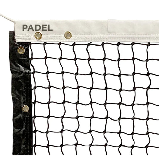 Red profesional para cancha de padel con franja blanca y ojaes de acero. 