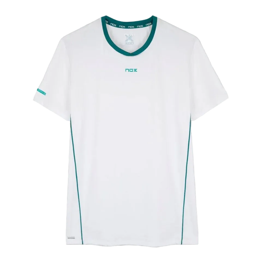 Playera técnica de pádel Nox Pro Blanca con detalles Verde Hiedra- Equipamiento textil para jugadores