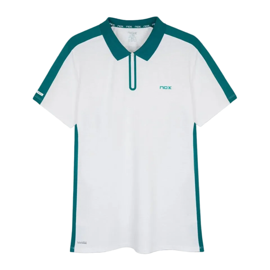 Polo de pádel Nox Pro Blanco y Verde Hiedra con cierre - Ropa de padel elegante para hombre. 