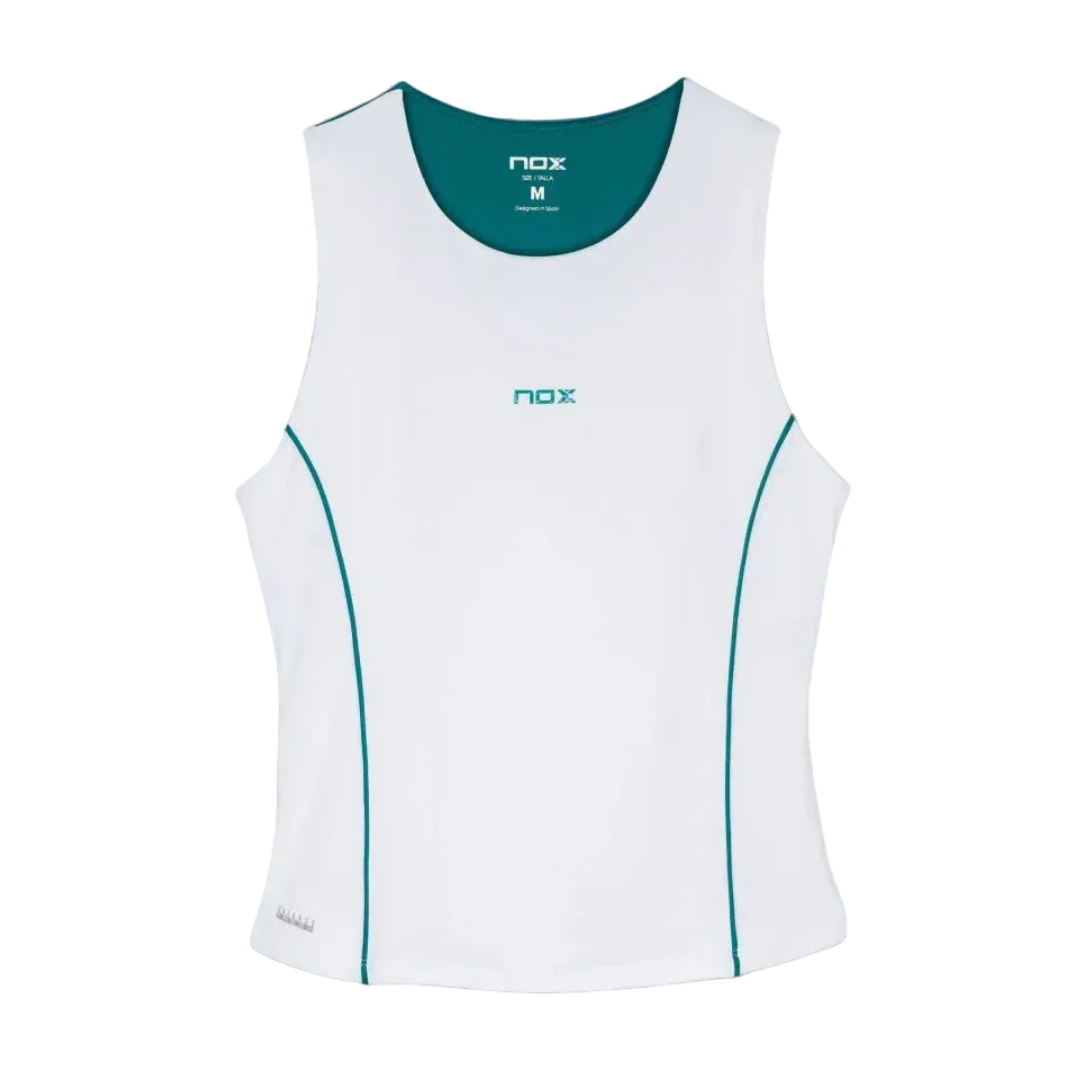 Top de tirantes Nox Mujer Pro Blanco/Verde Hiedra - Textil oficial Nox Padel para jugadoras. 