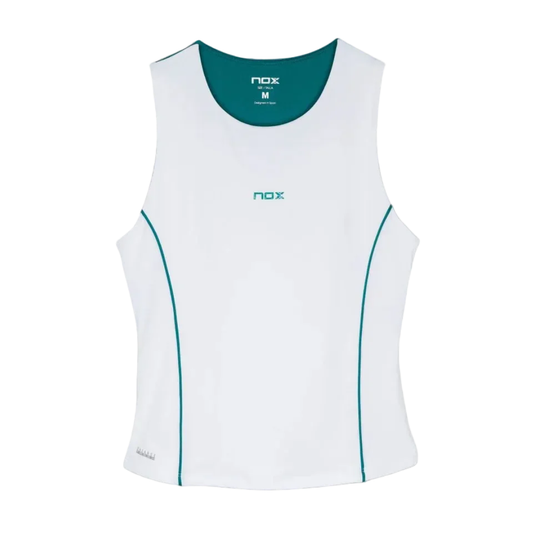 Top de tirantes Nox Mujer Pro Blanco/Verde Hiedra - Textil oficial Nox Padel para jugadoras. 