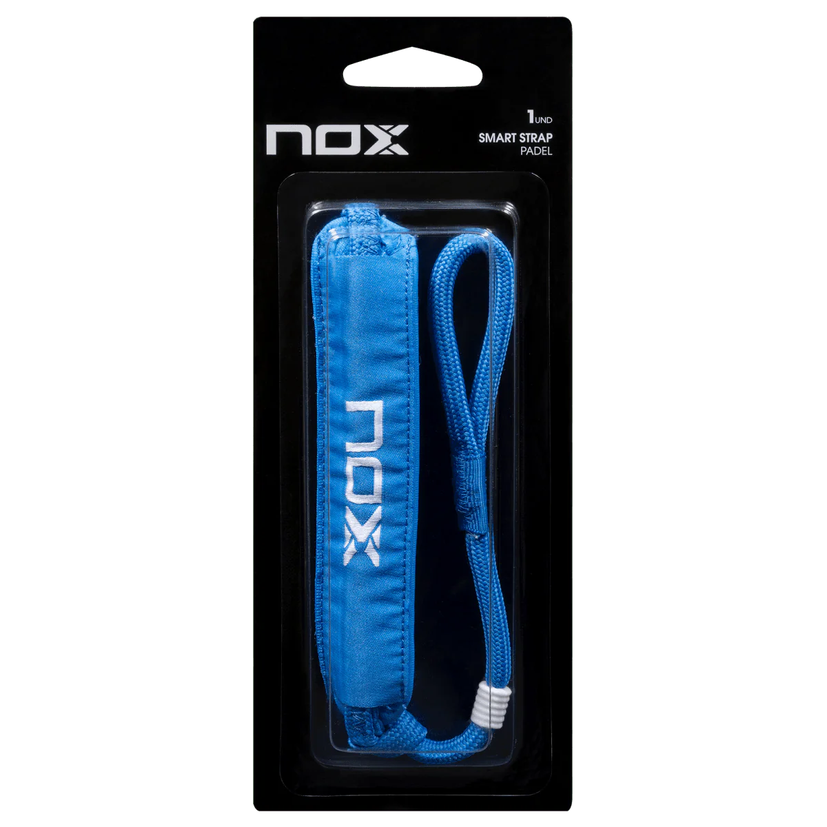 Cordón de seguridad Nox Smartstrap Luxury Azul con logotipo de Nox bordado. Accesorio intercambiable con pieza de ajuste y acolchado interno, diseñado para las palas de pádel Nox con tecnología Smartstrap