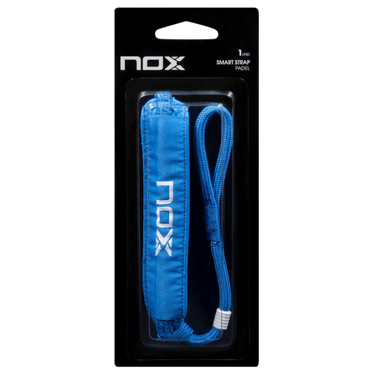 Cordón de seguridad Nox Smartstrap Luxury Azul con logotipo de Nox bordado. Accesorio intercambiable con pieza de ajuste y acolchado interno, diseñado para las palas de pádel Nox con tecnología Smartstrap