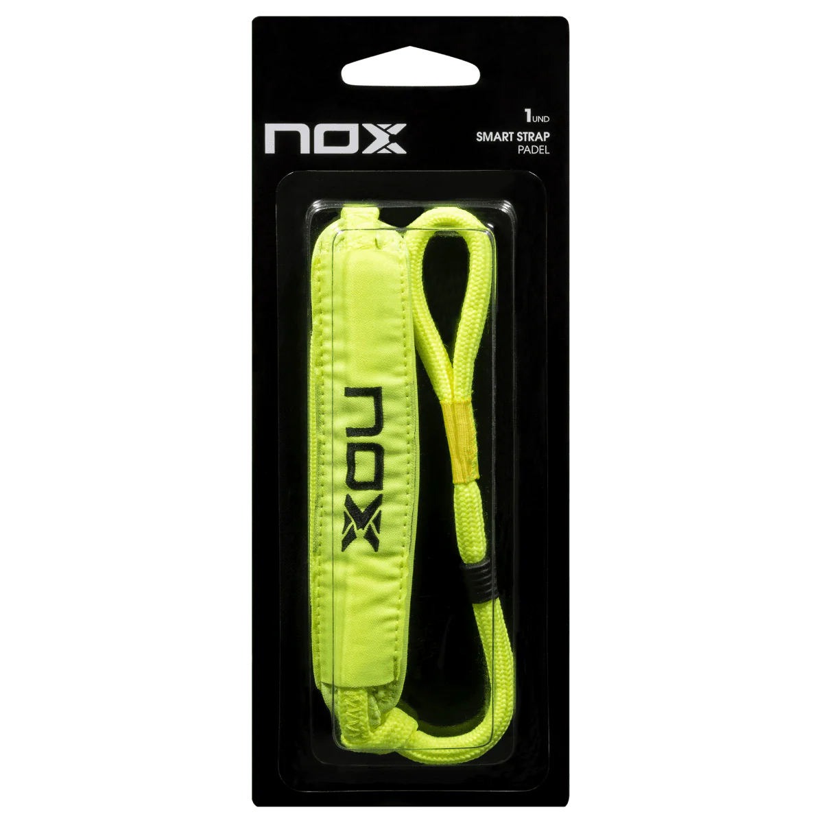 Cordón de seguridad Nox Smartstrap Luxury flúor en color amarillo con logotipo de Nox en color negro. Accesorio tipo muñequera acolchada e intercambiable, diseñado para facilitar la higiene y personalización de las palas de pádel Nox sin perder garantía. 