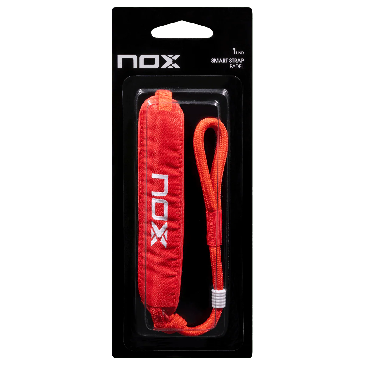 Cordón de seguridad Nox Smartstrap Luxury Rojo con logotipo de Nox bordado en blanco. Accesorio de muñeca acolchado y ajustable para palas de pádel, diseño con el sistema Smartstrap para un intercambio higiénico y rápido. 