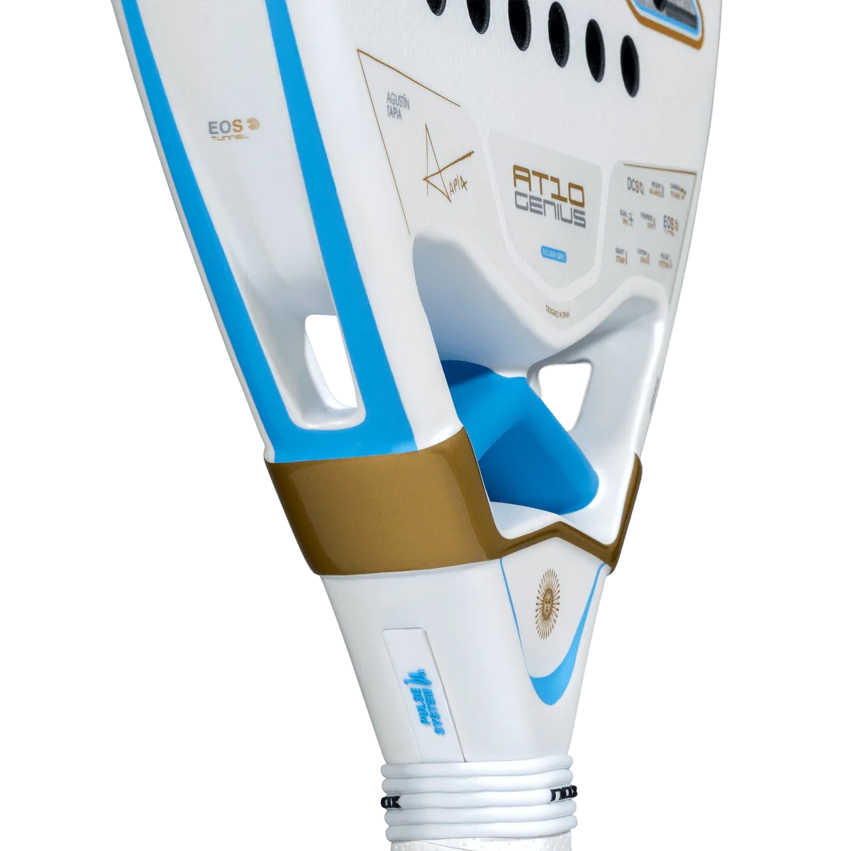 Detalle del puente en color oro con inserto antivibraciones celeste de la pala Nox AT10 Genius