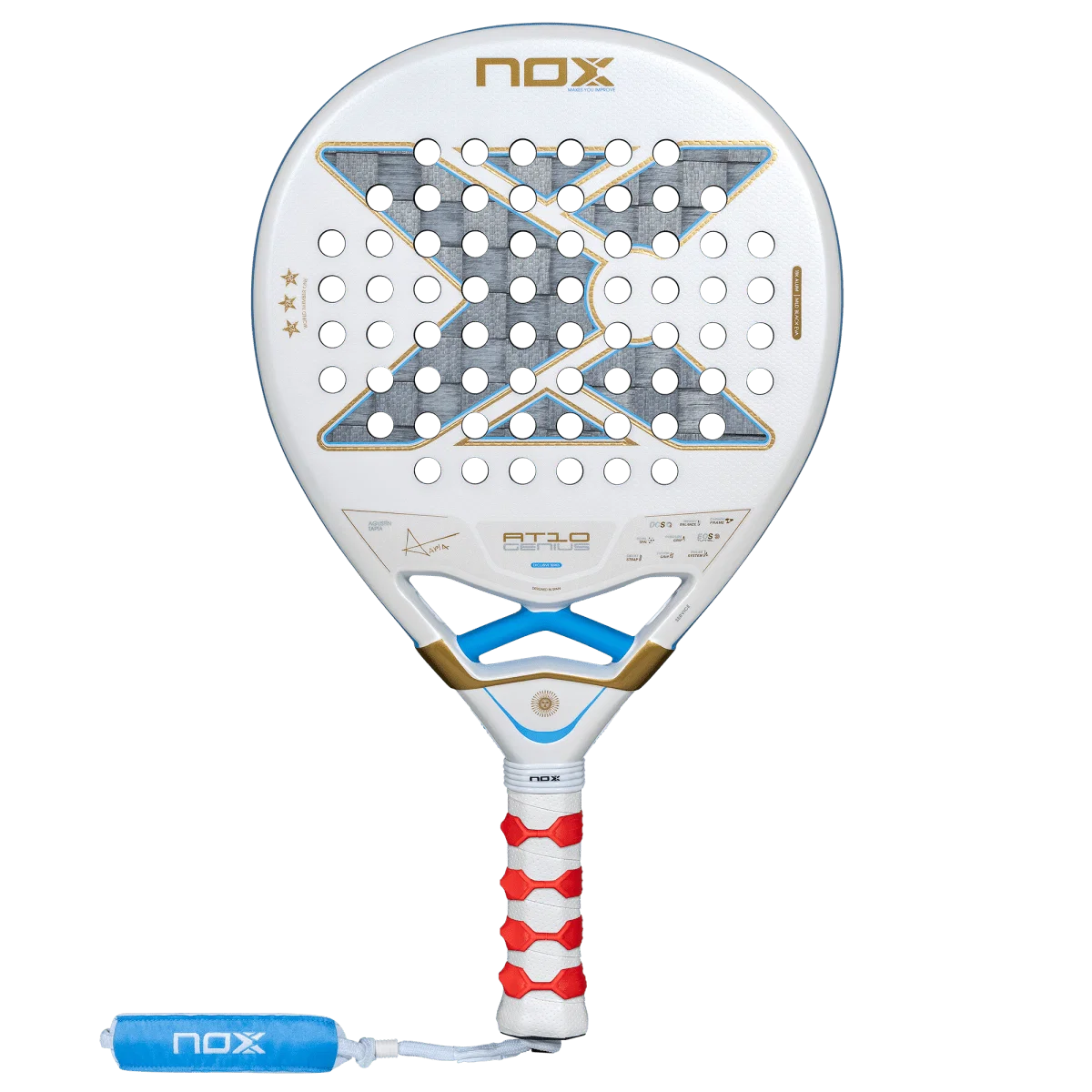 Pala de pádel Nox AT10 Genius 18K Alum Argentina LTD 2026 en blanco con detalles celeste y oro
