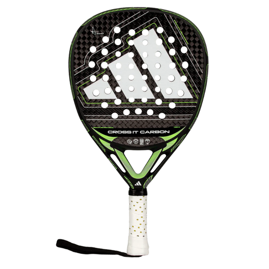 Pala de pádel Adidas Cross IT Carbón 2026 en color negro con dinámicos detalles en verde lima. Molde de lagrima polivalente con caras de carbono de alta resistencia para un juego equilibrado de potencia y control.