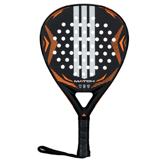 Pala de pádel Adidas Match Black 2026 en color negro con detalles en naranja. Formato lagrima polivalente de iniciacion que ofrece un amplio punto dulce y gran confort para los primero partidos.