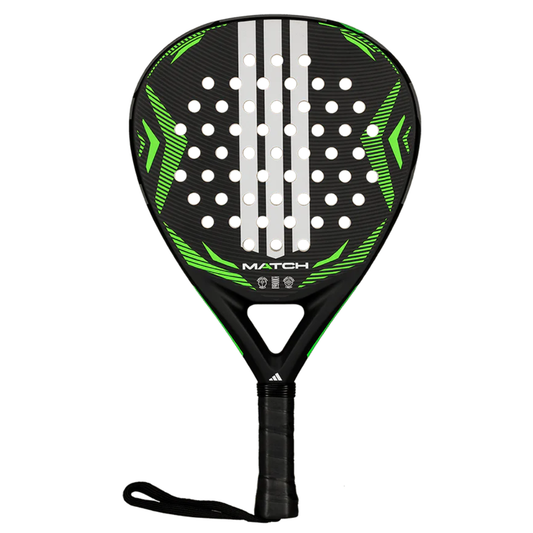 Pala de pádel Adidas Match Black y Green 2026 en color negro con llamativos detalles verde lima. Formato de lagrima confortable con excelente salida de bola para un juego polivalente en nivel principiante