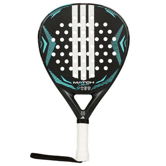 Pala de pádel Adidas Match Light 2026 en color negro con detalles en azul turquesa. Version ligera en formato de lagrima polivalente que reduce el esfuerzo del brazo, ofreciendo confort y facilidad de juego. 