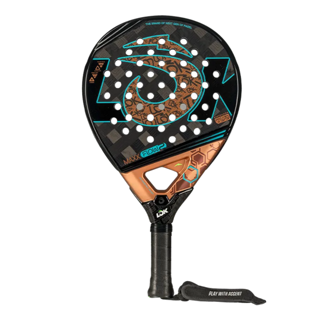 Pala de pádel LOK MAXX FLOW Gen 2 de Bea Caldera en color negro y bronce con detalles tuequesas. Molde redondo de maximo control, confort premium y gran manejabilidad en la pista.