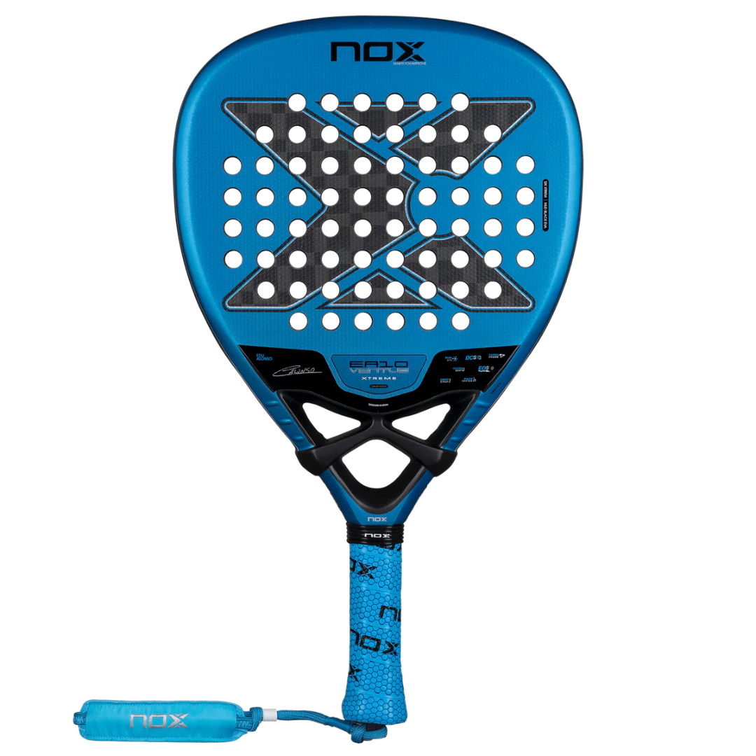 Pala de pádel Nox EA10 Ventus Attack 12K XTREM 2026 de Edu Alonso en color negro y azul. Molde de diamante de ataque con balance alto, diseñado para maxima potencia en remates y juego ofensivo. 