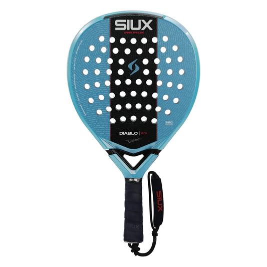 Pala de pádel SIUX Diablo azul claro con franja central negra y grip negro, forma lágrima, vista frontal con cordón de muñeca