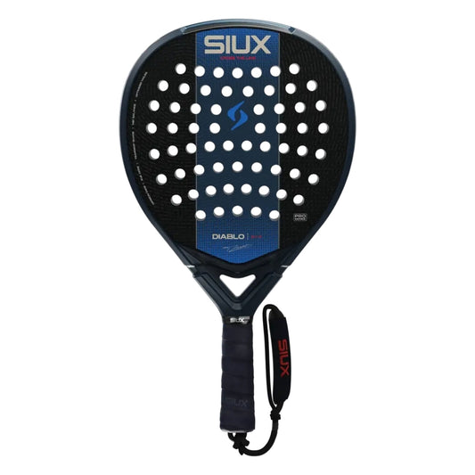 Pala de pádel SIUX Diablo Pro negra con franja central azul y grip negro, forma lágrima, vista frontal con cordón de muñeca