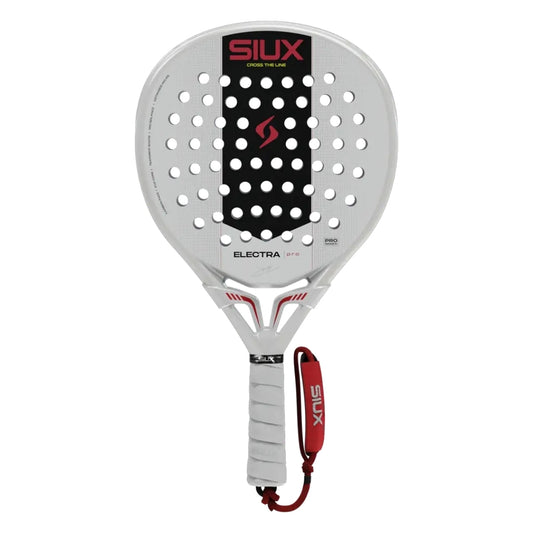 Pala de pádel SIUX Electra Pro blanca con negro y rojo, forma lágrima, vista frontal con cordón de muñeca