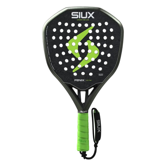 Pala de pádel SIUX Fenix Elite negra con logo verde neón y grip verde, forma diamante, vista frontal con cordón de muñeca