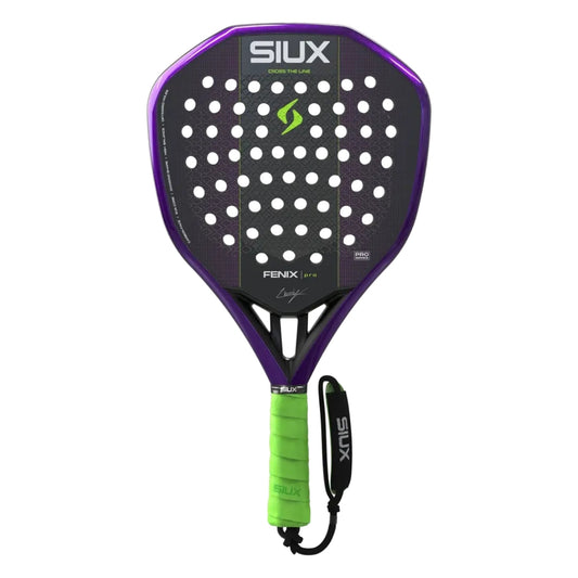 Pala de pádel SIUX Fenix Pro negra con marco morado y grip verde, forma diamante, vista frontal con cordón de muñeca