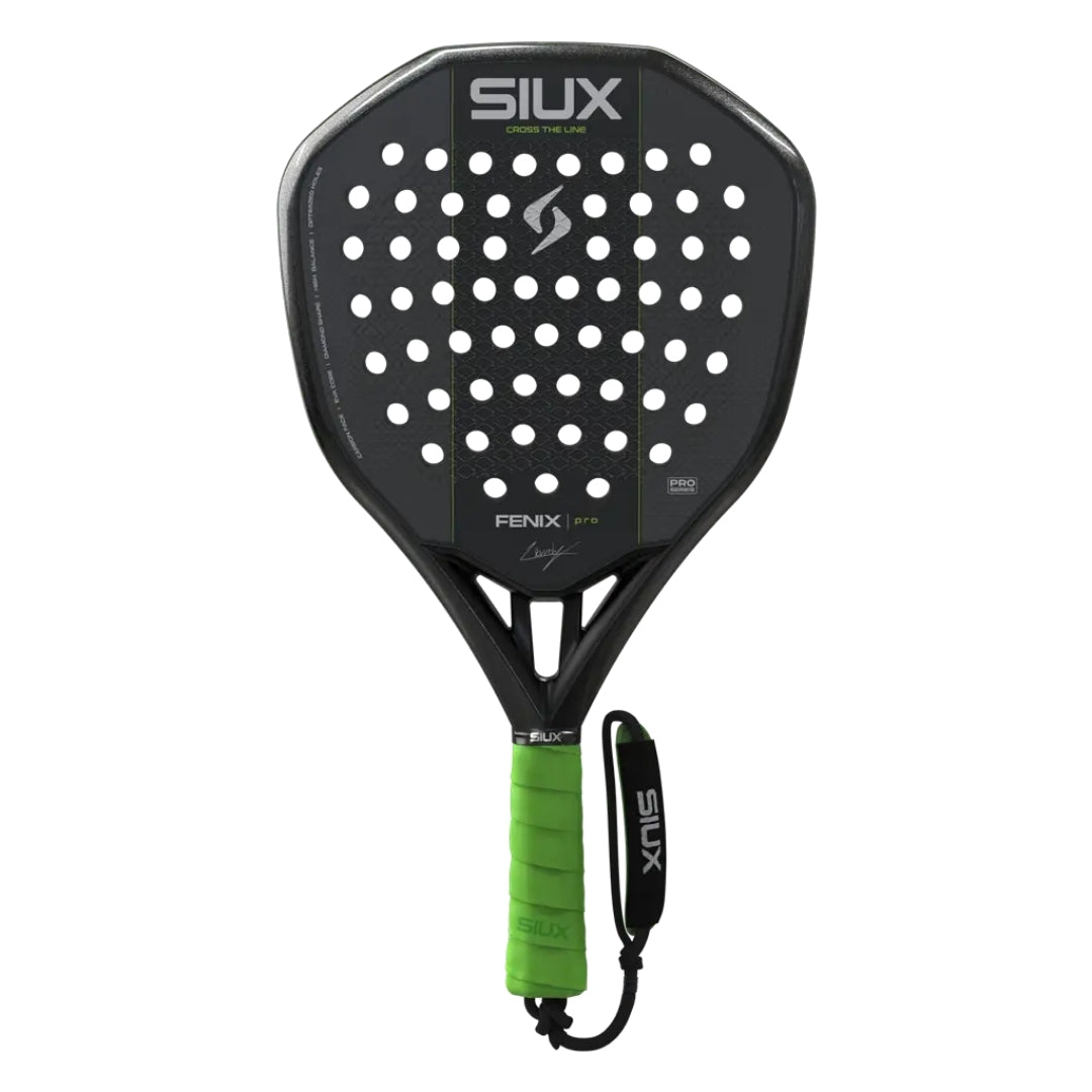 Pala de pádel SIUX Fenix Pro negra con grip verde, forma diamante, vista frontal con cordón de muñeca