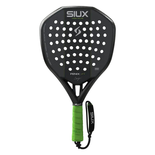 Pala de pádel SIUX Fenix Pro negra con grip verde, forma diamante, vista frontal con cordón de muñeca