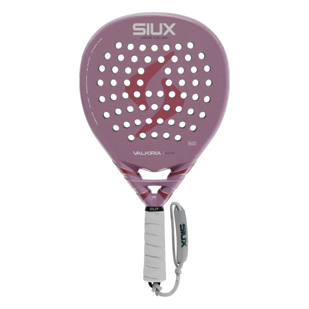 Pala de pádel SIUX Valkiria Elite rosa con logo rojo y grip blanco, forma lágrima, vista frontal con cordón de muñeca
