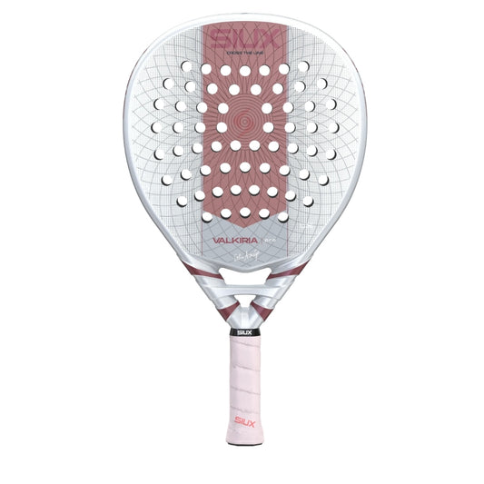 Pala de pádel SIUX Valkiria Pro blanca con franja central rosa y grip rosa, forma lágrima, vista frontal