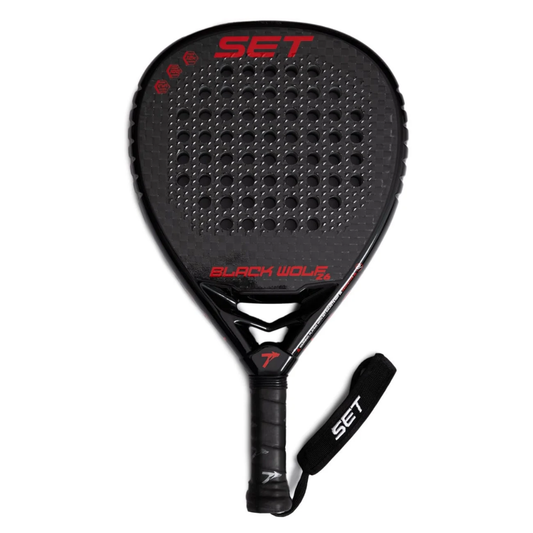 Pala de pádel SET Black Wolf 2026 forma híbrida sobredimensionada con marco 100% carbono y núcleo EVA rígido, pala de potencia para jugadores avanzados en Padel Storage México