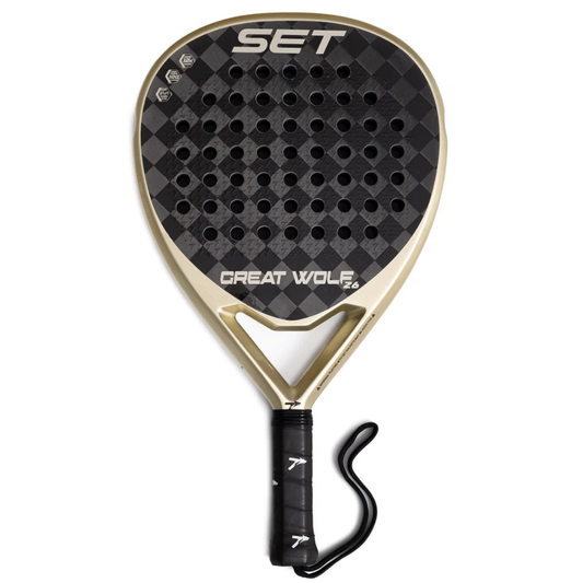 Pala de pádel SET Great Wolf Z6 forma de lágrima color dorado y negro, ideal para juego ofensivo, disponible en Padel Storage México