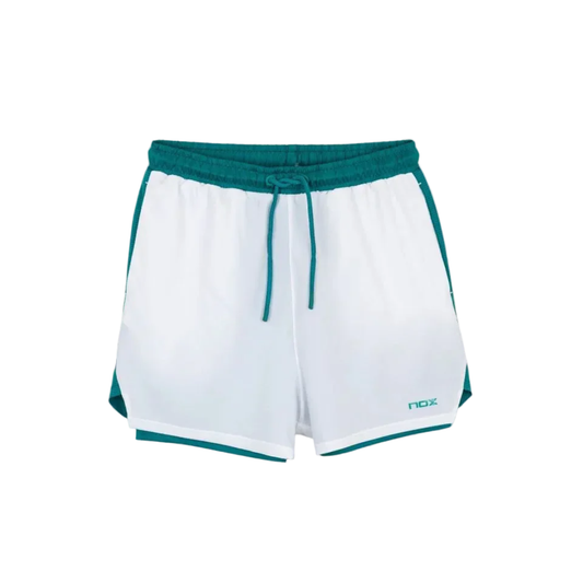 Short de pádel Nox Pro Blanco con vivos Verde Hiedra- Ropa técnica transpirable para torneos. 