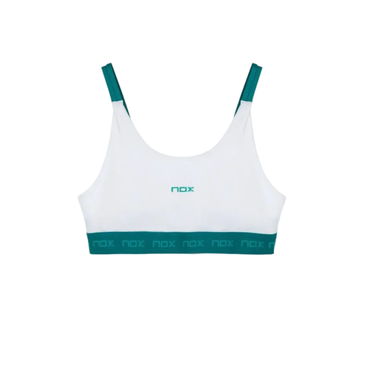 Top deportivo Nox Mujer Pro Blanco y Verde- Sujetador deportivo para máxima sujeción en pista de pádel 