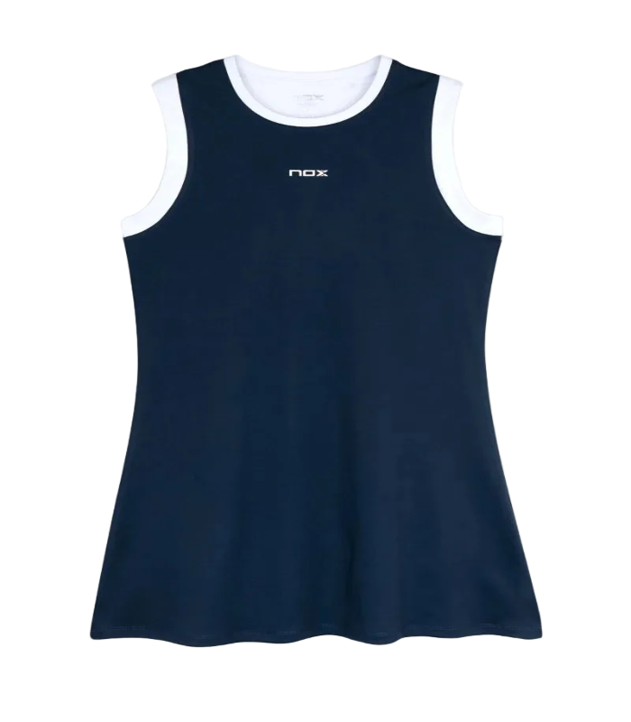 Vestido de pádel Nox Mujer Team Azul 2026 en color azul marino con detalles blanco. Diseño de espalda olímpica que incluye malla interior integrada para mayor soporte y tejido elástico transpirable de alta calidad.  